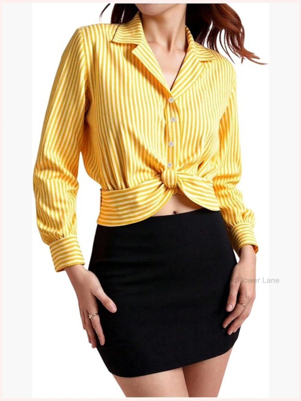 Striped Button Down Shirt Twist Front Long Sleeve Collared Blouse